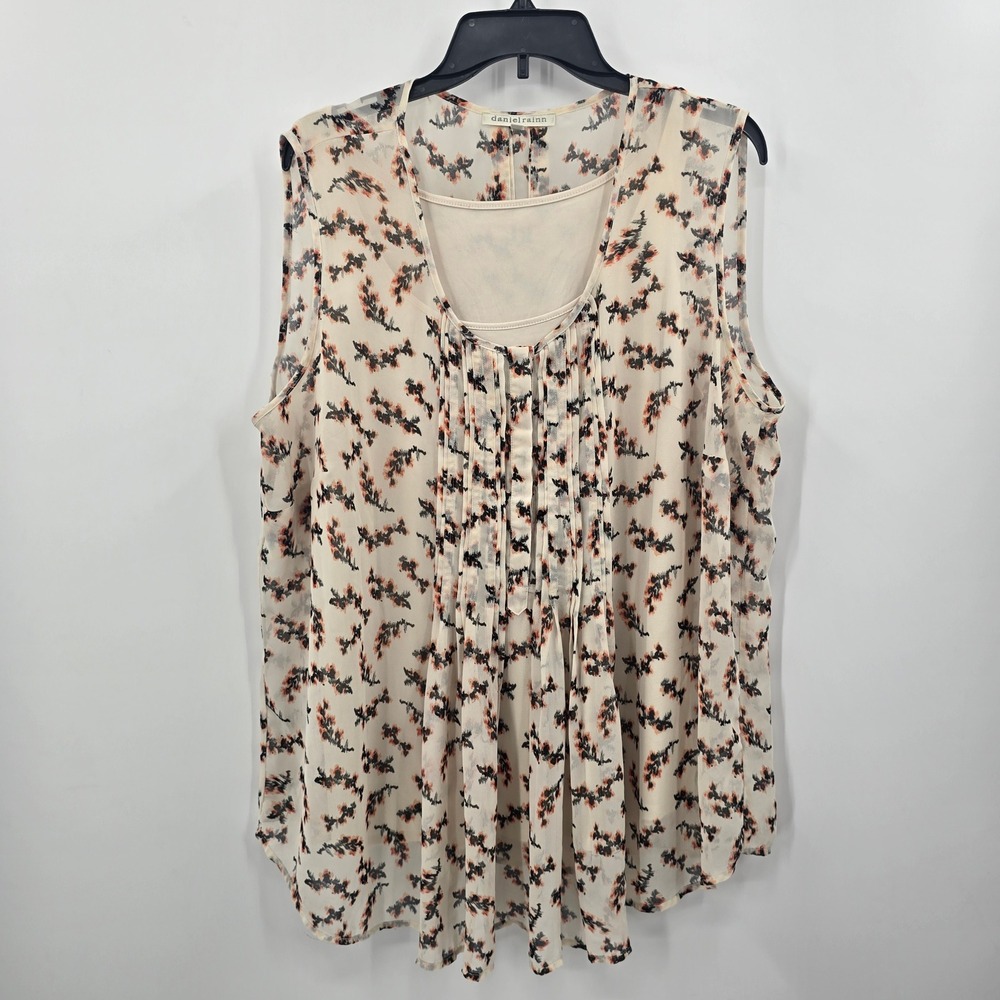 Daniel Rainn Tank Womens 1X Floral Pleated Sleeveless Cream Peach